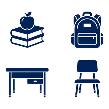 Set of education and school supplies icons featuring books, backpack, desk, and chair.