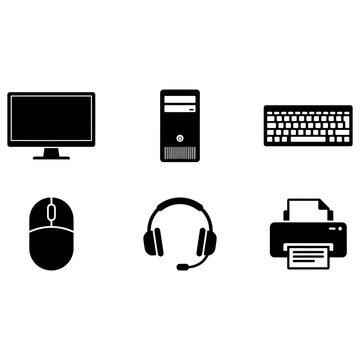 Set of black computer hardware and peripheral device icons.