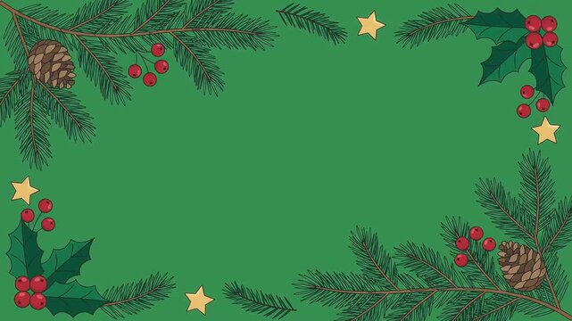 Hand drawn Christmas background video with festive pine branches, pinecones, red holly berries and gold stars framing a green template for seasonal greeting cards.