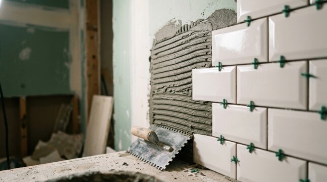 Residential ceramic tiling renovation showing freshly laid white beveled subway tiles in combed thin-set mortar ridges with plastic cross spacers and a notched trowel on bathroom drywall.