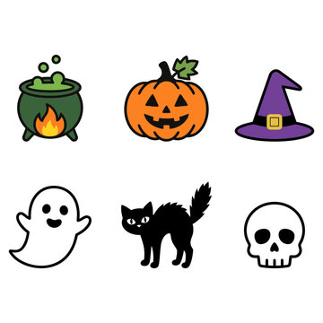 Set of Cute Halloween Icons with Pumpkin Ghost Cat Cauldron Hat and Skull.