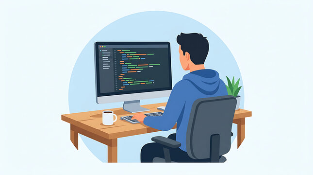 Software developer coding on computer at wooden desk with coffee mug