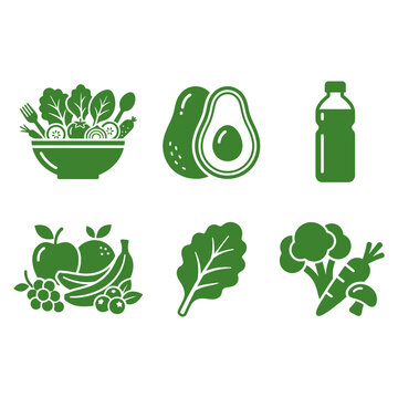 Collection of green healthy food and nutrition icons.