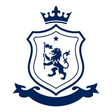 Heraldic Coat of Arms Emblem with Lion Holding Flag and Crown.
