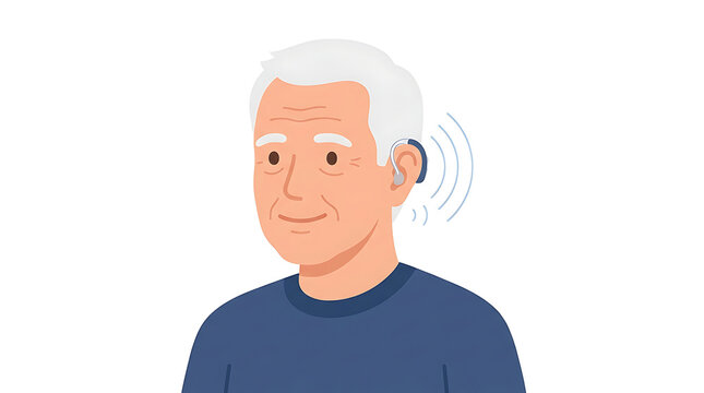 Elderly man wearing a modern hearing aid device with sound waves