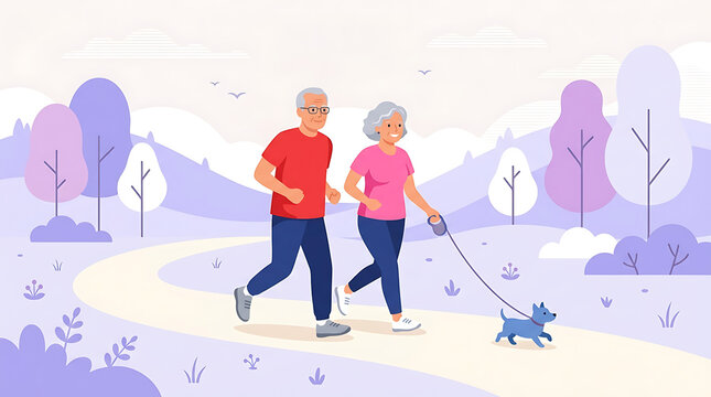 Elderly couple jogging with small dog on path in park landscape with