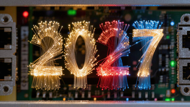 Fiber optic light display forms glowing numerals against electronic circuit board, creating colorful futuristic technology