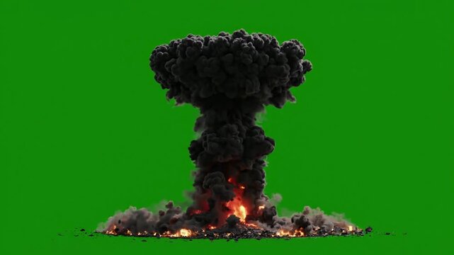 Massive nuclear explosion mushroom cloud isolated on green screen, vfx special effects for compositing