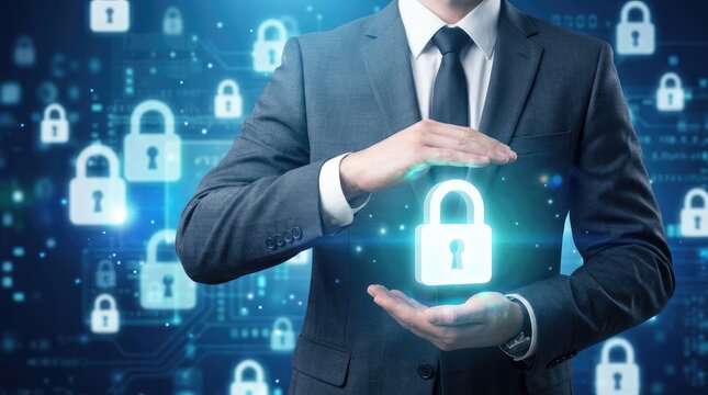 Professional holding illuminated security lock symbol against digital background of padlocks with businessperson presents glowing transparent padlocks futuristic