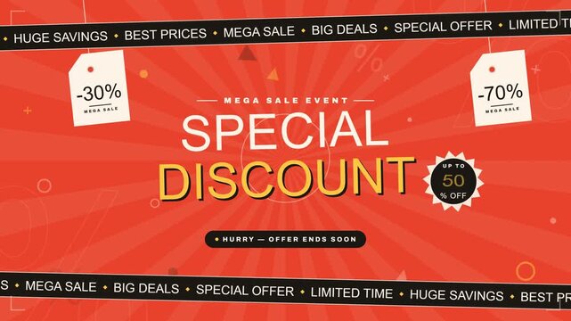Vibrant red mega sale special discount promotional motion graphics banner