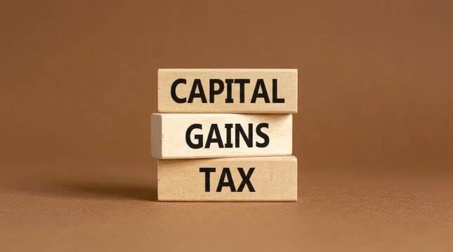 Stacked wooden blocks displaying capital gains tax information on neutral background with concept against plain plain brown backdrop spell out capital