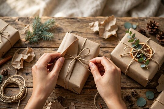 Hands wrapping Christmas gifts in recycled kraft paper and twine on a wooden table