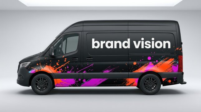 Black delivery van with colorful abstract graphic design with abstract paint splatter design white lettering vibrant abstract lettering side