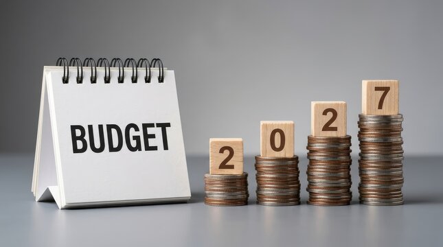 Budget planning with ascending coin stacks and numbered blocks on workspace with Planning document displays budget increasing stacks coins labeled sequentially