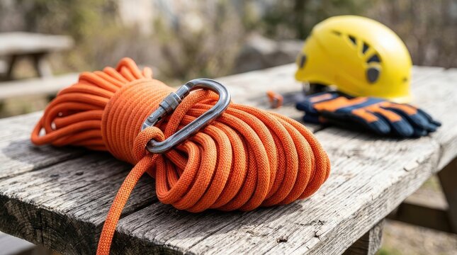 Bright orange climbing rope coiled with carabiner on wooden bench near safety helmet outdoors with metal carabiner rests wooden surface with surface beside yellow