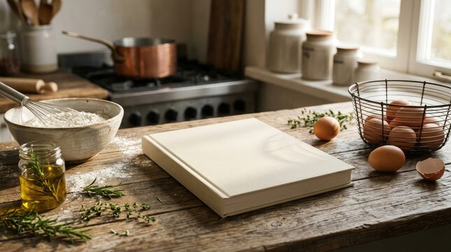Preparing baking ingredients on rustic wooden countertop near kitchen stove with Baking supplies arranged wooden surface flour flour eggs herbs