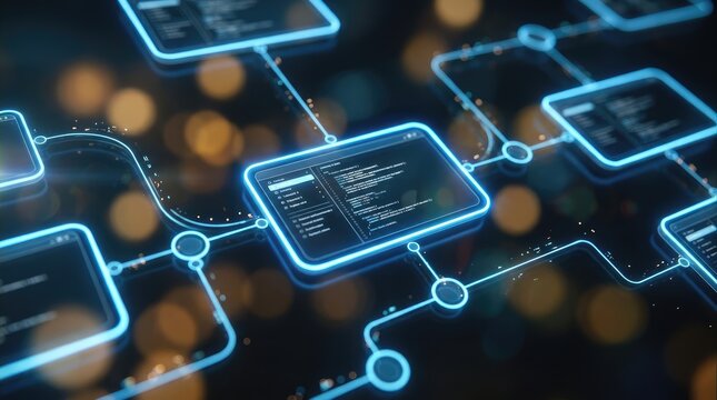 Connected devices displaying code within a futuristic networked digital environment with Multiple handheld devices programming code linked glowing pathways high tech setting