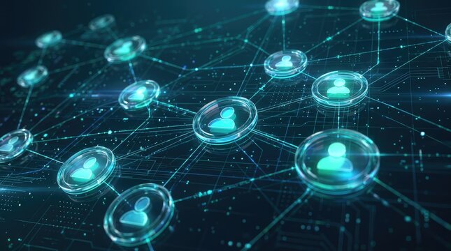 Digital network of interconnected glowing profile icons in futuristic web structure with icons connected illuminated illuminated lines network displays