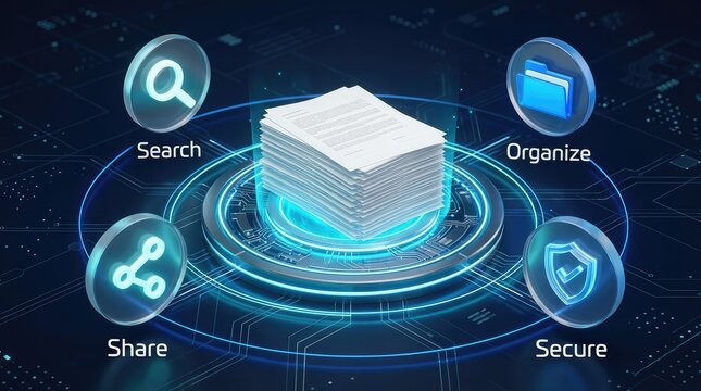 Digital document management system with interface illustrates document functions centered around management four key digitalization accessibility