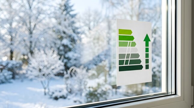 Energy efficiency rating label on a house window during winter season