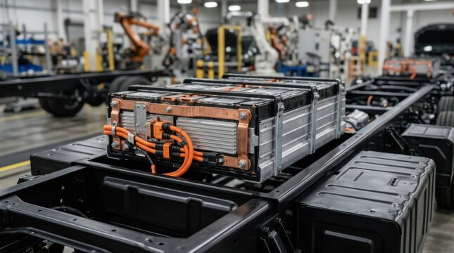 Electric commercial truck chassis battery enclosure installation with lithium iron phosphate module, aluminum cooling plates, and copper busbars in an assembly plant.