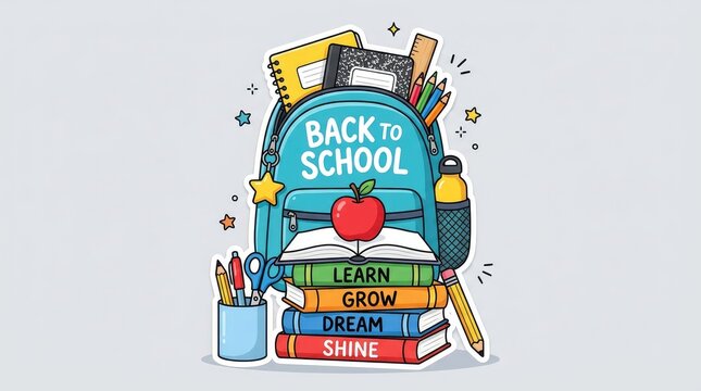Colorful backpack filled with school supplies and motivational words celebrating academic return with Backpack displays back school theme books