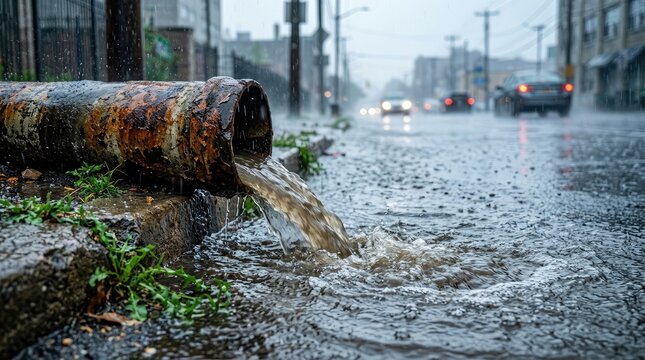 Rusted pipe overflowing water onto flooded urban street during heavy rainstorm with Water spills corroded pipe onto wet city road during downpour