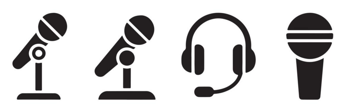 Audio equipment icons with microphones and headphones in black flat vector for studio recording systems.