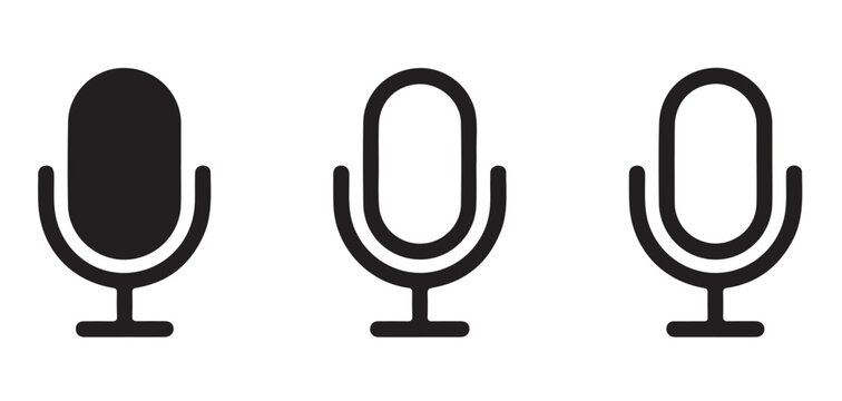 Microphone outline icons in black flat vector style for professional audio recording and voice transmission.