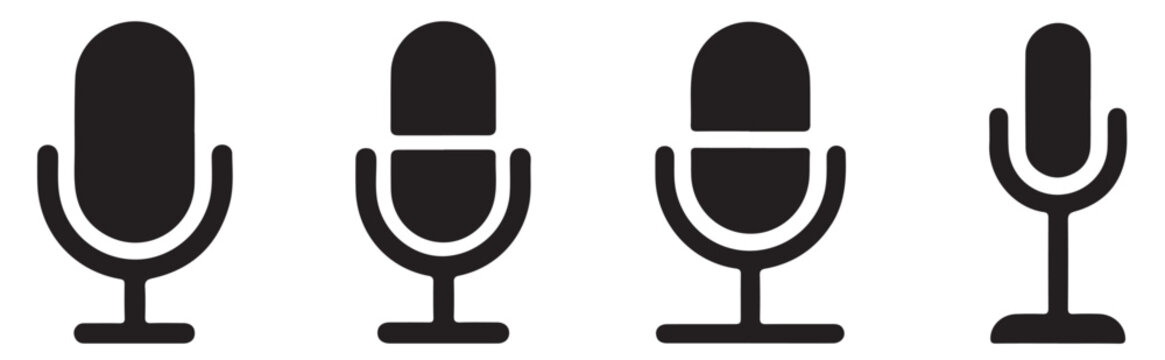 Set of black microphone silhouettes with diverse shapes isolated on a checkered background for audio production.