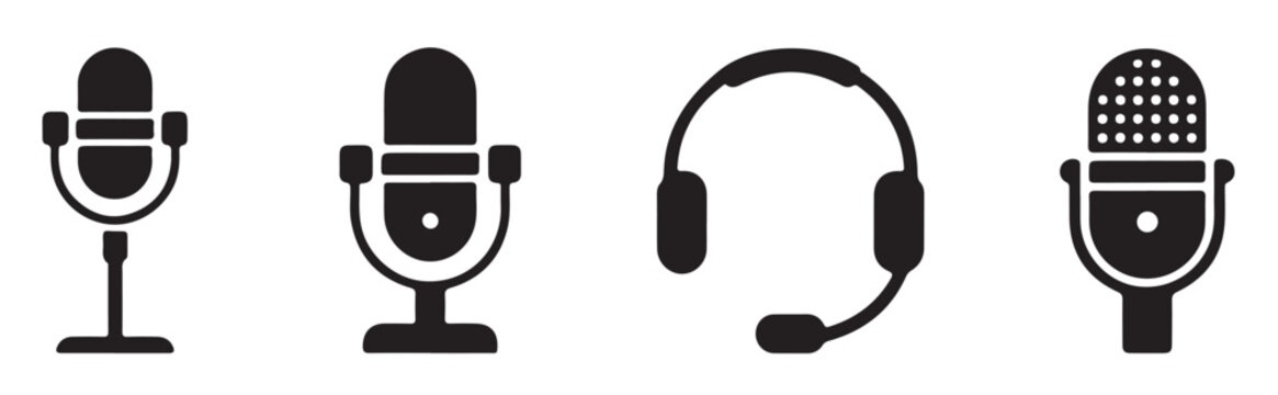 Studio recording microphone and headset icons in black flat vector for professional media communication.
