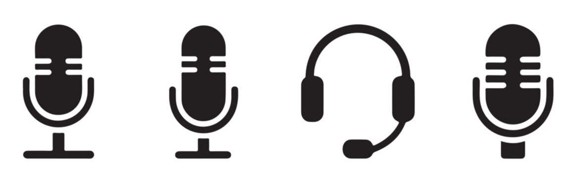 Audio communication equipment icons showing microphones and headsets on a neutral transparent background grid.