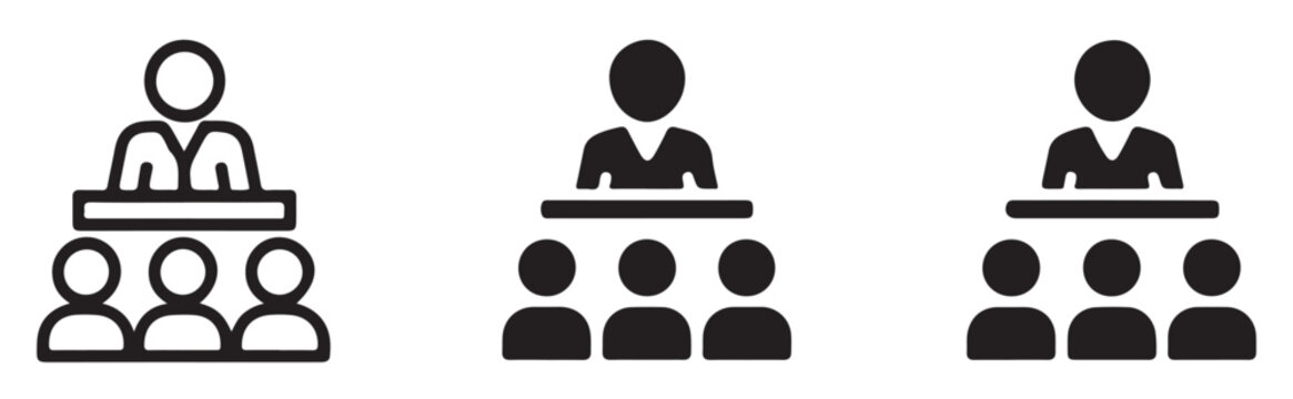 Conference and presentation icons featuring speakers and audience silhouettes on a subtle grid background layout.