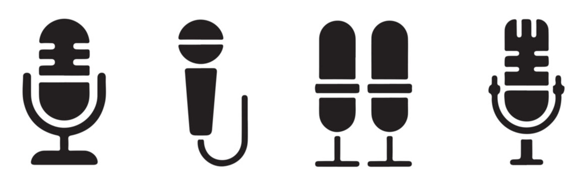 Collection of studio recording microphone silhouettes with different technical designs on a grid background.