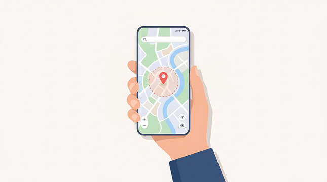 Hand holding smartphone with digital map navigation interface showing