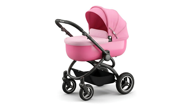 Pink baby carriage with black frame and wheels isolated on