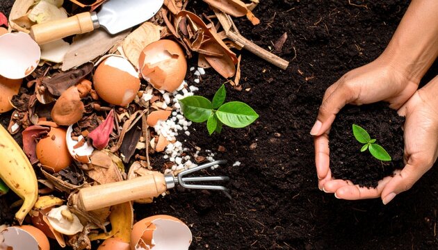Hands Holding Young Plant Sapling in Soil Surrounded by Organic Compost and Gardening Tools