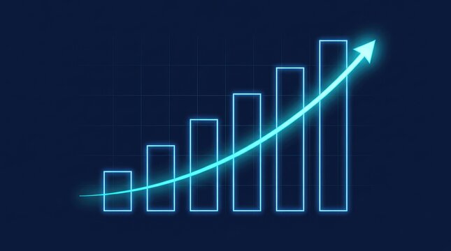 Rising bar chart with upward trend line against dark grid background with displays increasing values bright upward sloping glowing bar visualization
