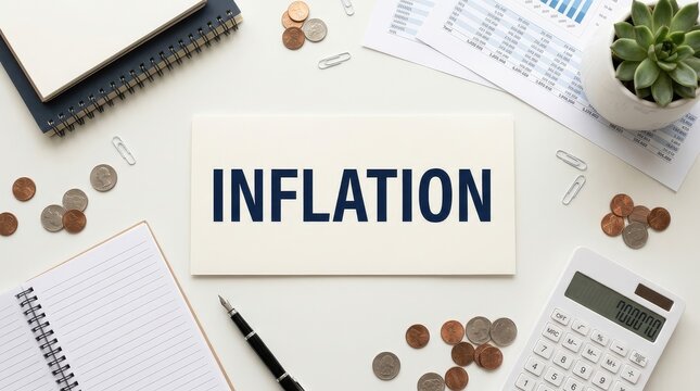 Economic concept of inflation displayed with financial tools and documents on a light workspace with Inflation sign highlights economic pricing changes surrounded coins