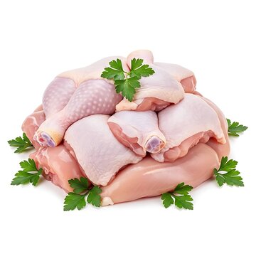 Fresh raw chicken meat cuts, drumsticks, thighs and fillet isolated on white background