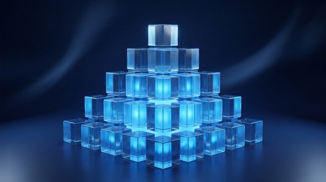 Abstract 3D Glowing Blue Glass Cubes Stacked in a Pyramid Shape Representing Digital Data Network
