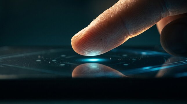 Extreme Macro of Human Fingertip Hovering Over Glowing Touchscreen