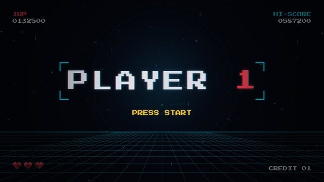 Retro arcade video game player one start screen animation with pixel art and futuristic grid