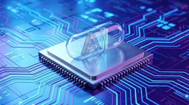 Artificial intelligence capsule on microprocessor with blue circuit board lines for technology pharmaceutical.