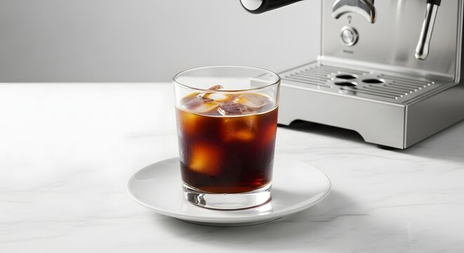 A glass of iced coffee with ice cubes placed on a white surface next to a coffee machine showing steam and brewing mechanisms for breakfast or refreshment purposes