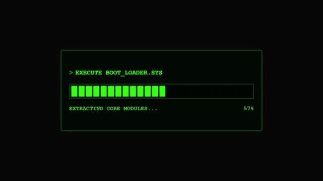 Retro computer terminal loading progress bar sequence on black screen