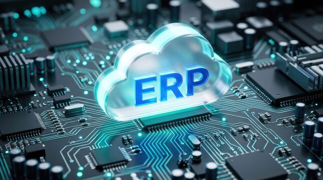 Cloud based enterprise resource planning system displayed on futuristic circuit board background with detailed electronic circuit board glowing components