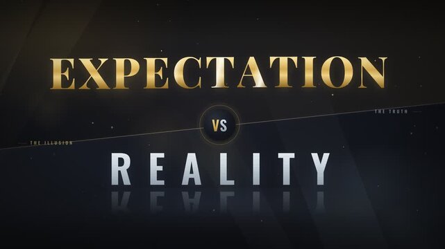 Expectation versus reality conceptual comparison typography animation with golden and silver text