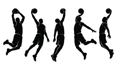 Basketball Players Silhouettes Set in Motion Dunking Ball Vector Illustration    © MDSamedul