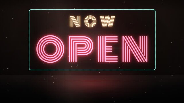 Neon style now open sign motion graphic with glowing lines on dark background